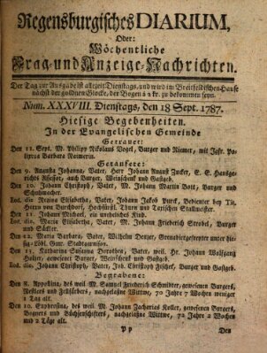 Regensburgisches Diarium oder wöchentliche Frag- und Anzeige-Nachrichten (Regensburger Wochenblatt) Dienstag 18. September 1787