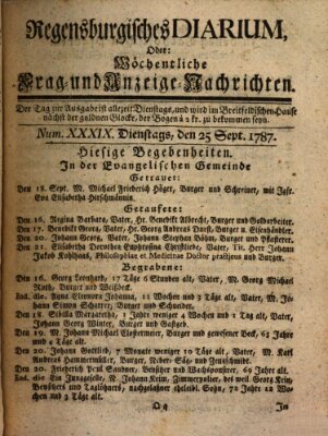 Regensburgisches Diarium oder wöchentliche Frag- und Anzeige-Nachrichten (Regensburger Wochenblatt) Dienstag 25. September 1787