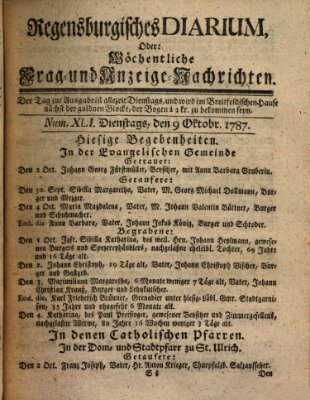 Regensburgisches Diarium oder wöchentliche Frag- und Anzeige-Nachrichten (Regensburger Wochenblatt) Dienstag 9. Oktober 1787