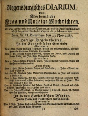 Regensburgisches Diarium oder wöchentliche Frag- und Anzeige-Nachrichten (Regensburger Wochenblatt) Dienstag 13. November 1787