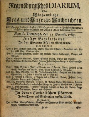 Regensburgisches Diarium oder wöchentliche Frag- und Anzeige-Nachrichten (Regensburger Wochenblatt) Dienstag 11. Dezember 1787