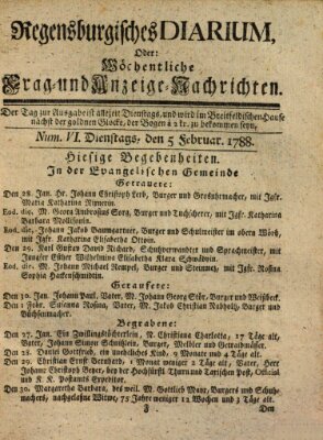 Regensburgisches Diarium oder wöchentliche Frag- und Anzeige-Nachrichten (Regensburger Wochenblatt) Dienstag 5. Februar 1788