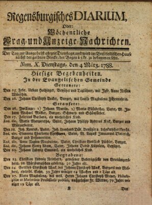 Regensburgisches Diarium oder wöchentliche Frag- und Anzeige-Nachrichten (Regensburger Wochenblatt) Dienstag 4. März 1788