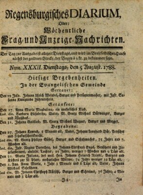 Regensburgisches Diarium oder wöchentliche Frag- und Anzeige-Nachrichten (Regensburger Wochenblatt) Dienstag 5. August 1788