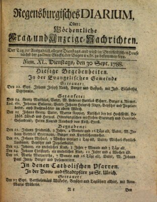 Regensburgisches Diarium oder wöchentliche Frag- und Anzeige-Nachrichten (Regensburger Wochenblatt) Dienstag 30. September 1788