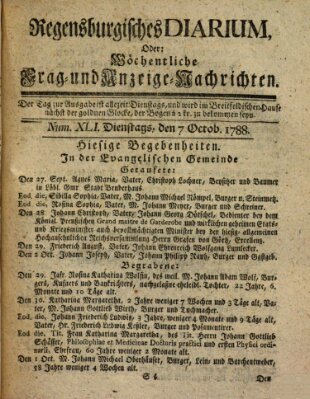 Regensburgisches Diarium oder wöchentliche Frag- und Anzeige-Nachrichten (Regensburger Wochenblatt) Dienstag 7. Oktober 1788