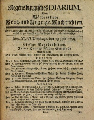 Regensburgisches Diarium oder wöchentliche Frag- und Anzeige-Nachrichten (Regensburger Wochenblatt) Dienstag 18. November 1788