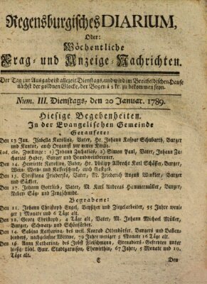 Regensburgisches Diarium oder wöchentliche Frag- und Anzeige-Nachrichten (Regensburger Wochenblatt) Dienstag 20. Januar 1789