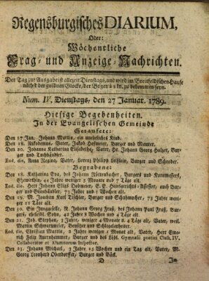 Regensburgisches Diarium oder wöchentliche Frag- und Anzeige-Nachrichten (Regensburger Wochenblatt) Dienstag 27. Januar 1789