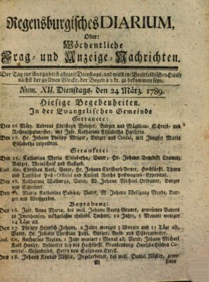 Regensburgisches Diarium oder wöchentliche Frag- und Anzeige-Nachrichten (Regensburger Wochenblatt) Dienstag 24. März 1789