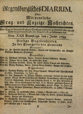 Regensburgisches Diarium oder wöchentliche Frag- und Anzeige-Nachrichten (Regensburger Wochenblatt) Donnerstag 2. Juli 1789