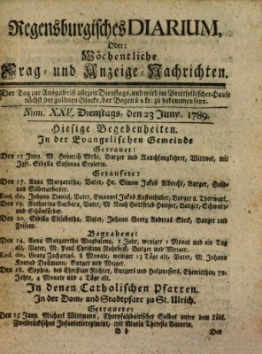 Regensburgisches Diarium oder wöchentliche Frag- und Anzeige-Nachrichten (Regensburger Wochenblatt) Donnerstag 23. Juli 1789