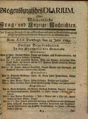 Regensburgisches Diarium oder wöchentliche Frag- und Anzeige-Nachrichten (Regensburger Wochenblatt) Dienstag 28. Juli 1789