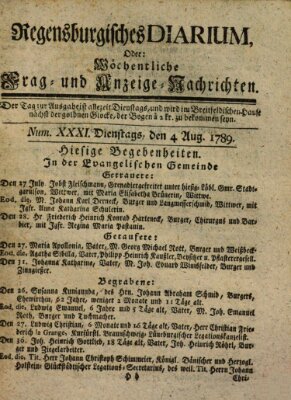 Regensburgisches Diarium oder wöchentliche Frag- und Anzeige-Nachrichten (Regensburger Wochenblatt) Dienstag 4. August 1789