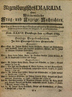 Regensburgisches Diarium oder wöchentliche Frag- und Anzeige-Nachrichten (Regensburger Wochenblatt) Dienstag 15. September 1789