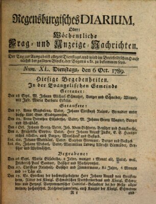 Regensburgisches Diarium oder wöchentliche Frag- und Anzeige-Nachrichten (Regensburger Wochenblatt) Dienstag 6. Oktober 1789