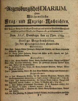 Regensburgisches Diarium oder wöchentliche Frag- und Anzeige-Nachrichten (Regensburger Wochenblatt) Dienstag 10. November 1789