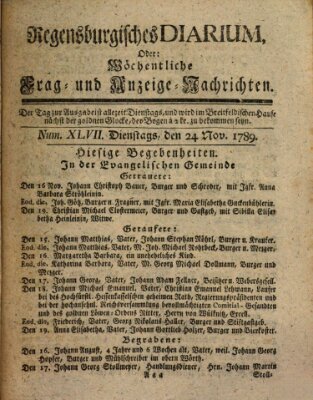 Regensburgisches Diarium oder wöchentliche Frag- und Anzeige-Nachrichten (Regensburger Wochenblatt) Dienstag 24. November 1789