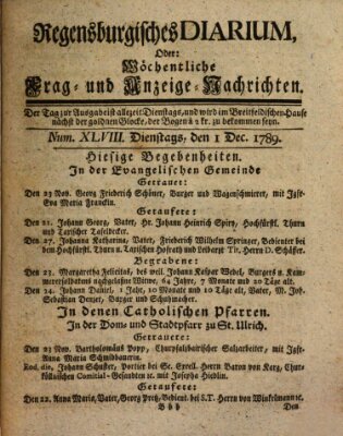 Regensburgisches Diarium oder wöchentliche Frag- und Anzeige-Nachrichten (Regensburger Wochenblatt) Dienstag 1. Dezember 1789