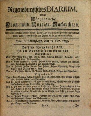 Regensburgisches Diarium oder wöchentliche Frag- und Anzeige-Nachrichten (Regensburger Wochenblatt) Dienstag 15. Dezember 1789