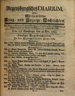 Regensburgisches Diarium oder wöchentliche Frag- und Anzeige-Nachrichten (Regensburger Wochenblatt) Dienstag 22. Dezember 1789