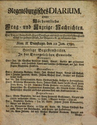 Regensburgisches Diarium oder wöchentliche Frag- und Anzeige-Nachrichten (Regensburger Wochenblatt) Dienstag 12. Januar 1790