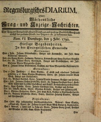 Regensburgisches Diarium oder wöchentliche Frag- und Anzeige-Nachrichten (Regensburger Wochenblatt) Dienstag 9. Februar 1790