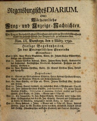 Regensburgisches Diarium oder wöchentliche Frag- und Anzeige-Nachrichten (Regensburger Wochenblatt) Dienstag 2. März 1790