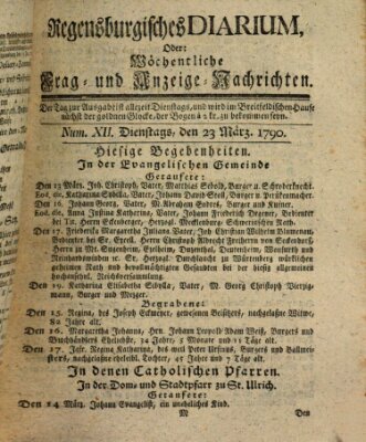 Regensburgisches Diarium oder wöchentliche Frag- und Anzeige-Nachrichten (Regensburger Wochenblatt) Dienstag 23. März 1790