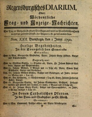 Regensburgisches Diarium oder wöchentliche Frag- und Anzeige-Nachrichten (Regensburger Wochenblatt) Dienstag 1. Juni 1790