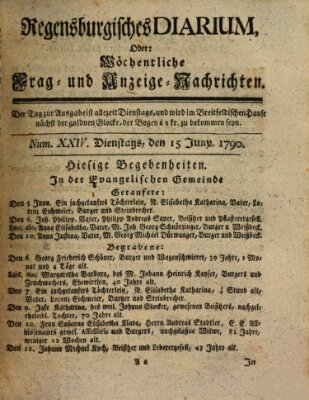 Regensburgisches Diarium oder wöchentliche Frag- und Anzeige-Nachrichten (Regensburger Wochenblatt) Dienstag 15. Juni 1790