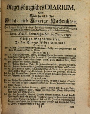 Regensburgisches Diarium oder wöchentliche Frag- und Anzeige-Nachrichten (Regensburger Wochenblatt) Dienstag 20. Juli 1790