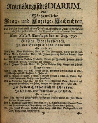 Regensburgisches Diarium oder wöchentliche Frag- und Anzeige-Nachrichten (Regensburger Wochenblatt) Dienstag 10. August 1790