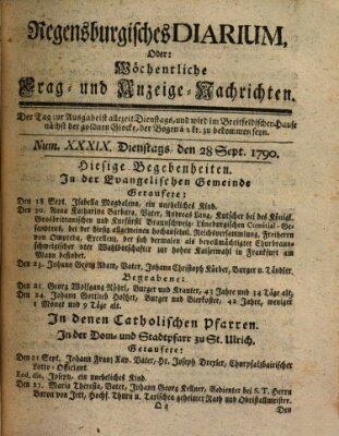 Regensburgisches Diarium oder wöchentliche Frag- und Anzeige-Nachrichten (Regensburger Wochenblatt) Dienstag 28. September 1790