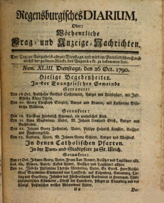 Regensburgisches Diarium oder wöchentliche Frag- und Anzeige-Nachrichten (Regensburger Wochenblatt) Dienstag 26. Oktober 1790