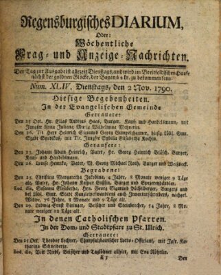 Regensburgisches Diarium oder wöchentliche Frag- und Anzeige-Nachrichten (Regensburger Wochenblatt) Dienstag 2. November 1790