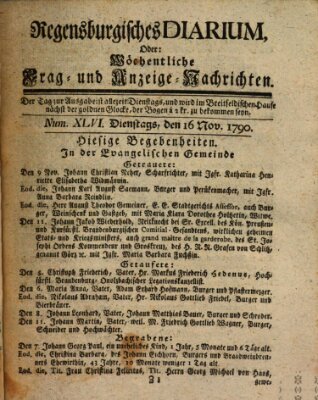 Regensburgisches Diarium oder wöchentliche Frag- und Anzeige-Nachrichten (Regensburger Wochenblatt) Dienstag 16. November 1790