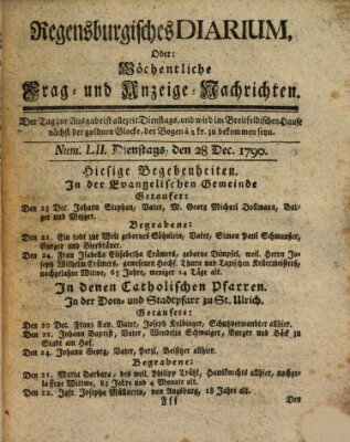 Regensburgisches Diarium oder wöchentliche Frag- und Anzeige-Nachrichten (Regensburger Wochenblatt) Dienstag 28. Dezember 1790