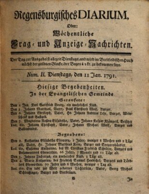 Regensburgisches Diarium oder wöchentliche Frag- und Anzeige-Nachrichten (Regensburger Wochenblatt) Dienstag 11. Januar 1791