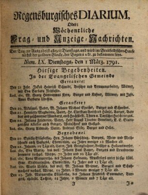 Regensburgisches Diarium oder wöchentliche Frag- und Anzeige-Nachrichten (Regensburger Wochenblatt) Dienstag 1. März 1791