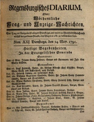 Regensburgisches Diarium oder wöchentliche Frag- und Anzeige-Nachrichten (Regensburger Wochenblatt) Dienstag 24. Mai 1791