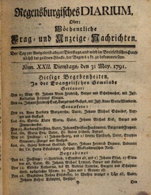 Regensburgisches Diarium oder wöchentliche Frag- und Anzeige-Nachrichten (Regensburger Wochenblatt) Dienstag 31. Mai 1791