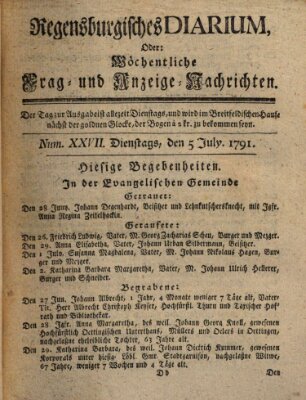 Regensburgisches Diarium oder wöchentliche Frag- und Anzeige-Nachrichten (Regensburger Wochenblatt) Dienstag 5. Juli 1791