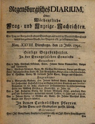 Regensburgisches Diarium oder wöchentliche Frag- und Anzeige-Nachrichten (Regensburger Wochenblatt) Dienstag 12. Juli 1791