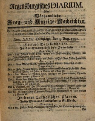 Regensburgisches Diarium oder wöchentliche Frag- und Anzeige-Nachrichten (Regensburger Wochenblatt) Dienstag 9. August 1791