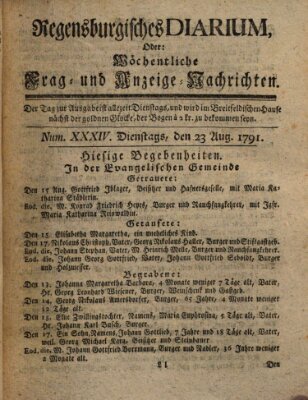 Regensburgisches Diarium oder wöchentliche Frag- und Anzeige-Nachrichten (Regensburger Wochenblatt) Dienstag 23. August 1791