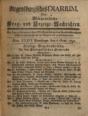 Regensburgisches Diarium oder wöchentliche Frag- und Anzeige-Nachrichten (Regensburger Wochenblatt) Dienstag 6. September 1791