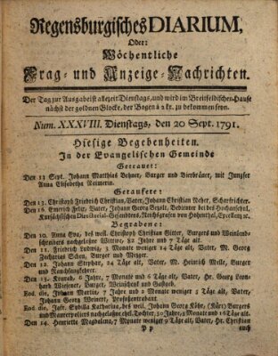 Regensburgisches Diarium oder wöchentliche Frag- und Anzeige-Nachrichten (Regensburger Wochenblatt) Dienstag 20. September 1791