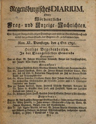 Regensburgisches Diarium oder wöchentliche Frag- und Anzeige-Nachrichten (Regensburger Wochenblatt) Dienstag 4. Oktober 1791