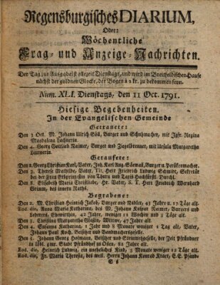 Regensburgisches Diarium oder wöchentliche Frag- und Anzeige-Nachrichten (Regensburger Wochenblatt) Dienstag 11. Oktober 1791